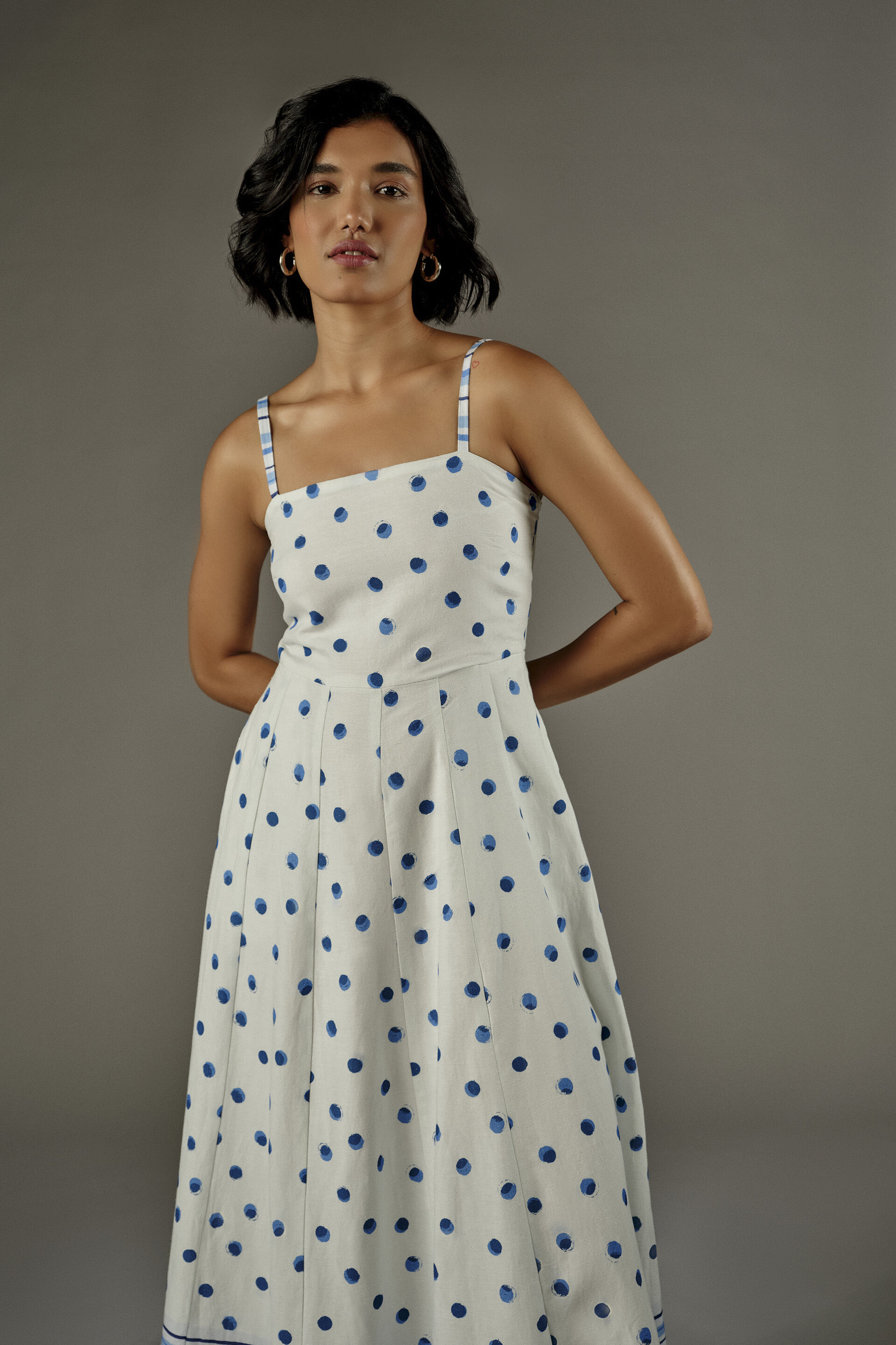 Polka Dot A-line Midi Dress in White, White, image 4